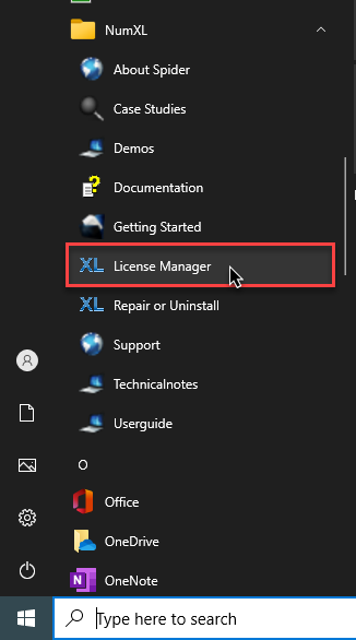 Localizar o gerenciador de licenças NumXL usando o menu Iniciar do Windows.
