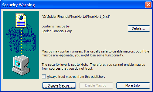 本图显示 Excel XP / 2002 中的 '安全警告 '对话框。