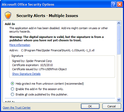 Diese Abbildung zeigt das Dialogfeld Microsoft Office-Sicherheitsoptionen.