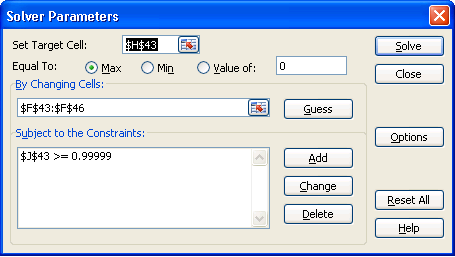 MS Excel 求解器显示限值为 0.999 的约束条件。