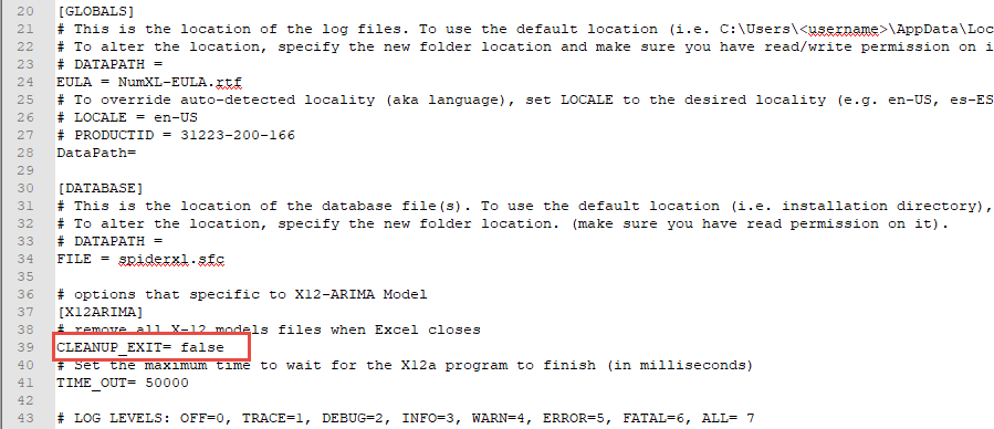 Esta imagem mostra o ficheiro NumXL.conf e o valor da entrada CLEANUP_EXIT definido como 'false'.