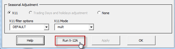 The Run button is enabled in NumXL X12-arima wizard or dialog box.
