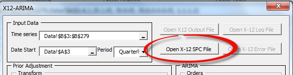 The Open specification file button in NumXL X12-arima wizard becomes available.