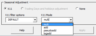 X11 seasonal adjustment filter section in X12-arima with a list of filter modes supported.