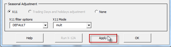 Click on Apply button in NumXL X12-arima wizard or dialog box.