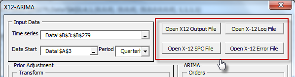 Después de la ejecución exitosa del programa x12a, el botón de archivos de salida en el asistente de NumXL X12-arima estará disponible.