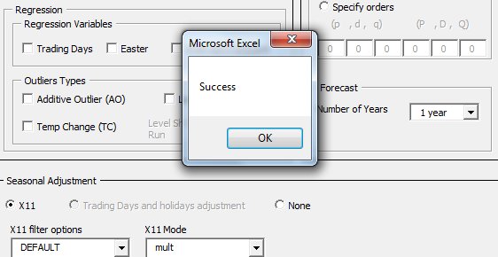 Running the X12-arima program in NumXL, a status dialog pops up to report success of the session.