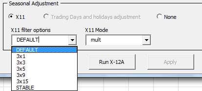 X11 seasonal adjustment filter section in X12-arima with a list of filter options (seasonal moving average) supported.