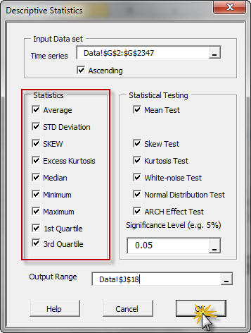 Selecting the Input Data Cell Range and Different Statistics in the Descriptive Statistics Dialog or Wizard in NumXL, with Options Highlighted on the Left-Hand Side in a Red Square, then Clicking the OK Button