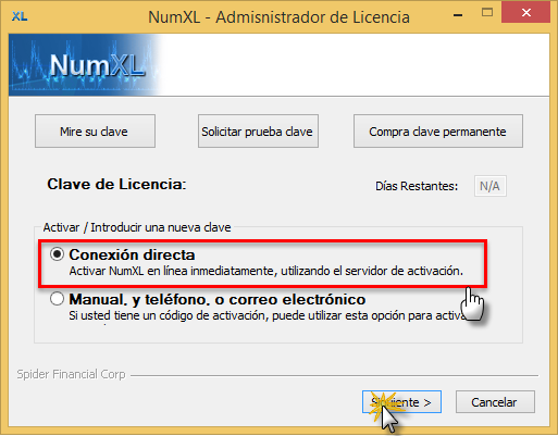 Método de activación manual de licencia en el Administrador de Licencias de NumXL.