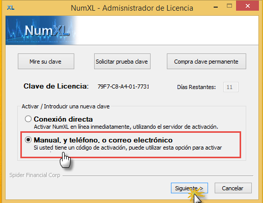 Administrador de licencias NumXL con modo de activación directa habilitado.