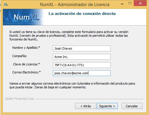 Recopilando información del usuario y licencia para la activación directa método de NumXL.
