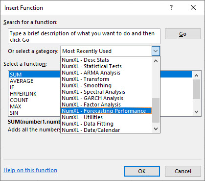 The Insert Function dialog in Excel showing NumXL different categories.