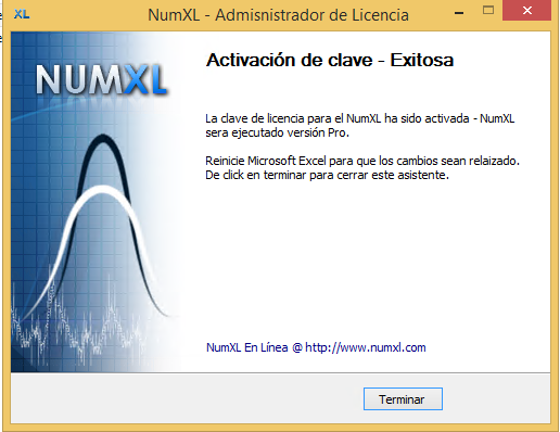 Pantalla de activación exitosa de la clave de licencia en la configuración del Administrador de Licencia de NumXL.