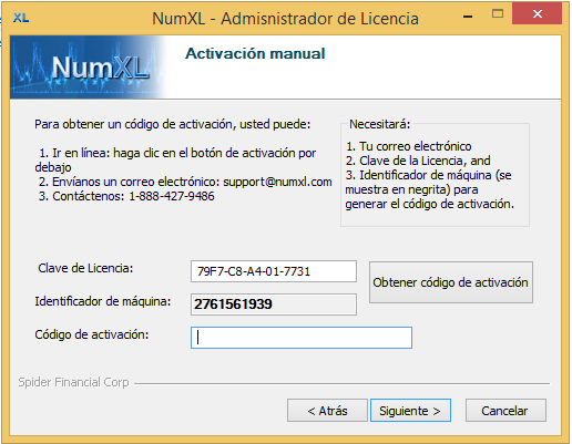 Página de activación manual de licencia y recopilación de información de la máquina. Haz clic en el botón para iniciar el asistente de activación en nuestro sitio web.