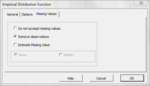 Missing values treatment tab of NumXL EDF Wizard or dialog.