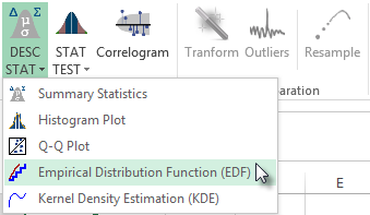 Empirical distribution function (EDF) menu in NumXL toolbar and/or menu.