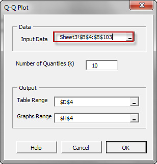 NumXL QQ-Plot Wizard dialog box in Excel.