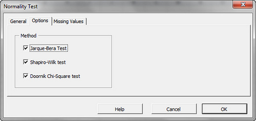 Options tab in the Normality Test dialog in NumXL.