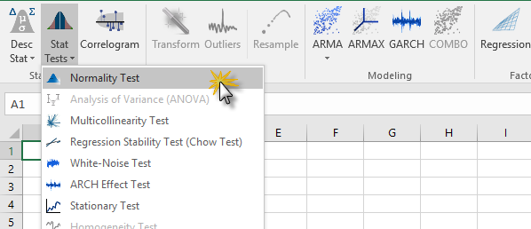 Locate and click on the Normality test icon in NumXL toolbar.