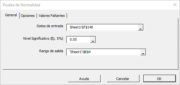 Select the input data cells range in The normality test dialog/wizard.