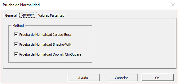 Options tab in the Normality Test dialog in NumXL.