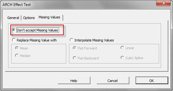 Missing Values treatment tab in NumXL ARCH Effect Dialog.