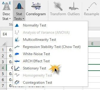 Stationary Test icon in NumXL toolbar in Excel.