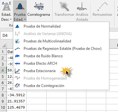 Icono de prueba estacionaria en la barra de herramientas NumXL en Excel.