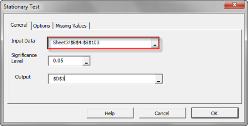General tab in NumXL Stationary test dialog in Excel.