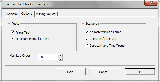 The Options tab in NumXL's Johansen Test of Cointegration wizard.