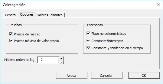 Options tab of NumXL Johansen test of Cointegration Wizard or dialog.