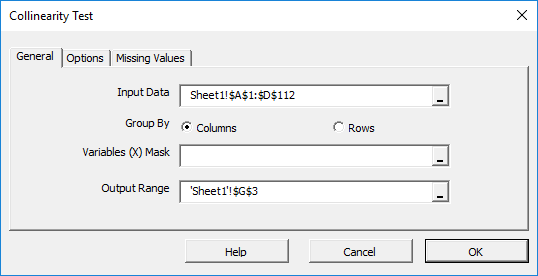 Select the input data cells range in The multi-collinearity test dialog/wizard.