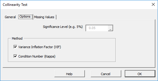 Options tab in the mult-collinearity Test dialog in NumXL.