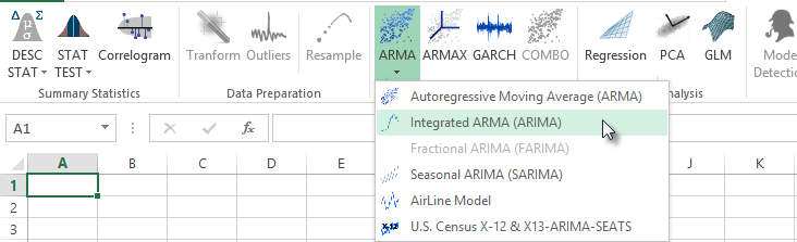 Select ARIMA in NumXL Toolbar.