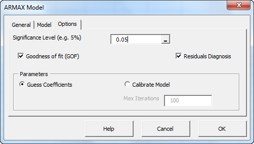 ARMAX Model Wizard - Options tab.
