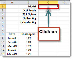 Select an empty cell to store the unique identifier of the model X12 ARIMA in Excel.