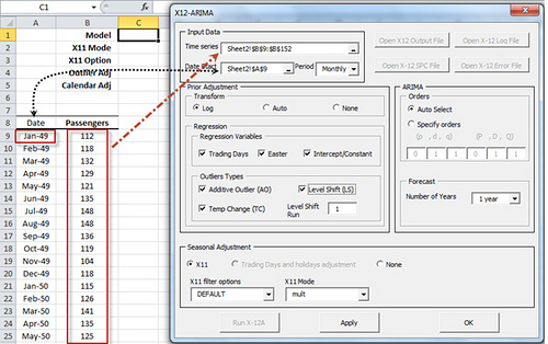 Select the cell range for the input data, and pick a start date and frequency.