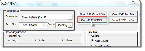 (Optional) Click on <q>Open X-12 SPC File</q> button to examine the generated X12 ARIMA in Excel script.