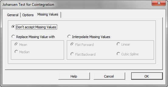 Missing values tab of NumXL Johansen test of Cointegration Wizard or dialog.