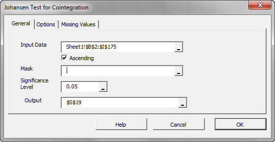 The General tab in NumXL's Johansen Test of Cointegration wizard.
