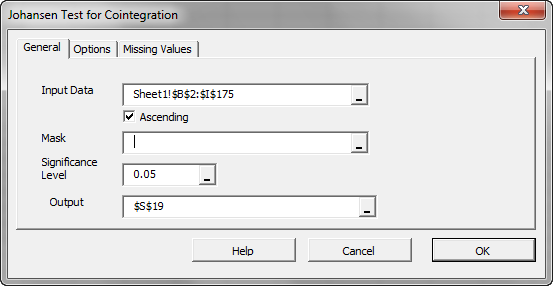 General tab of NumXL Johansen Cointegration test Wizard or dialog.