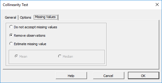 Missing Values tab in the mult-collinearity test in NumXL.