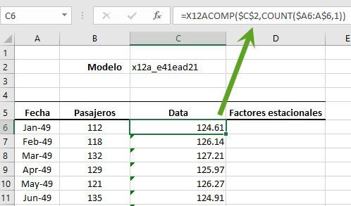 Utiliza la salida del modelo 12 ARIMA en Excel en tu hoja de cálculo.