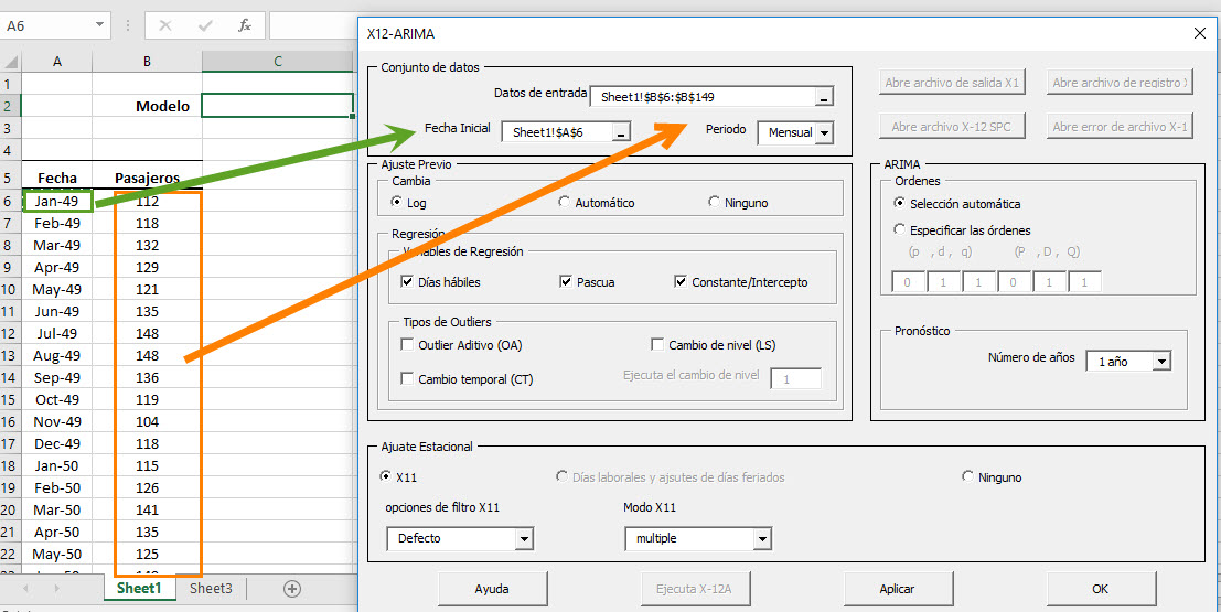 Selecciona el rango de celdas para los datos de entrada, y elige una fecha de inicio y una frecuencia.