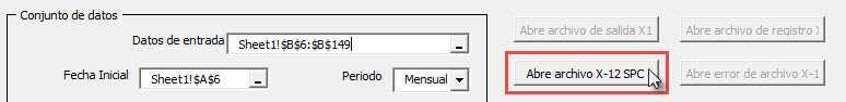 (Opcional) Haz clic en el botón - Abrir archivo X-12 SPC - para examinar el script X12 ARIMA generado en Excel.