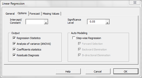 Options tab in NumXL Regression wizard showing the common output selected.