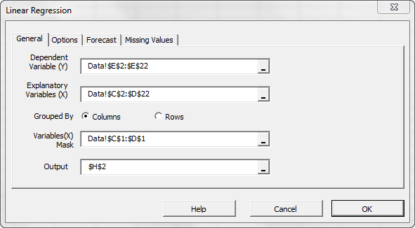 The general tab in NumXL regression wizard, note that cells range for the mask variable is selected.
