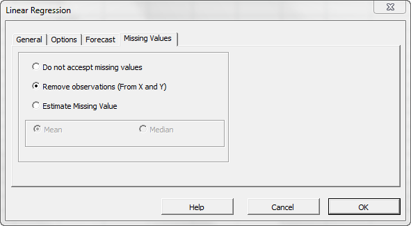 The missing values tab in NumXL regression wizard or dialog, the image shows remove missing values option selected.