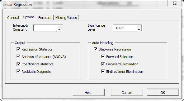 Options tab in NumXL regression wizard showing the stepwise regression enabled.